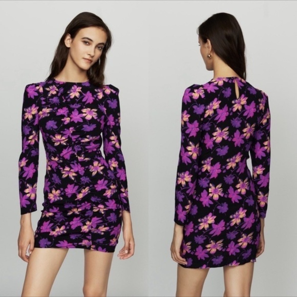 Maje Ruched Long Sleeve Floral Mini Dress